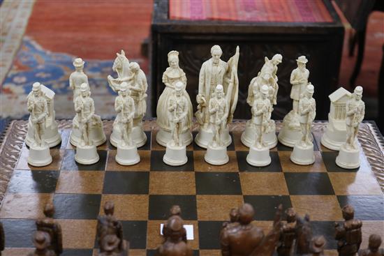 An American Civil War theme chess set, together with a chequer board